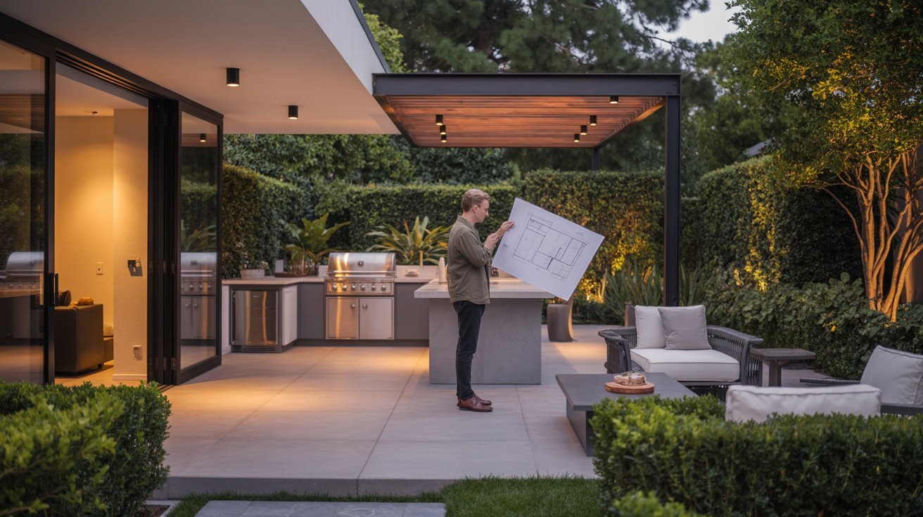 A man stands on a patio, holding a plan, with a focused expression as he surveys the outdoor space.