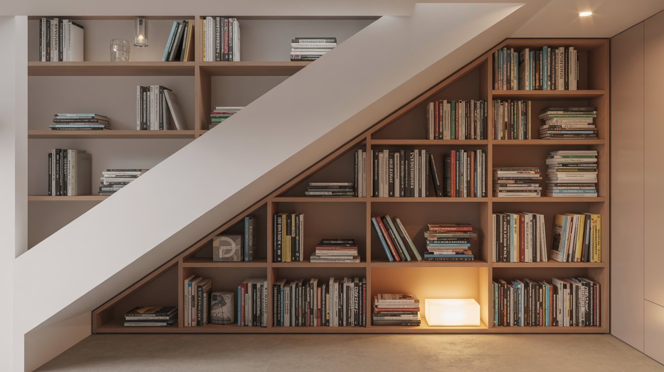 A wooden bookshelf filled with various books, positioned under a staircase in a cozy interior setting.