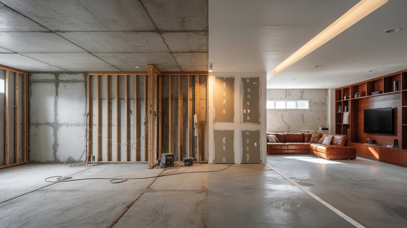 A room featuring concrete walls and a warm wooden floor, creating a modern yet inviting atmosphere.