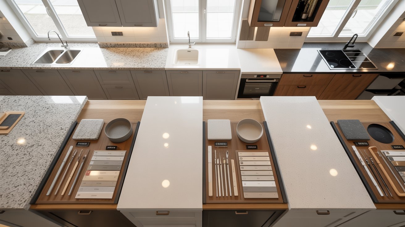 A kitchen featuring a sink, countertop, and additional sink area, showcasing a clean and organized space.