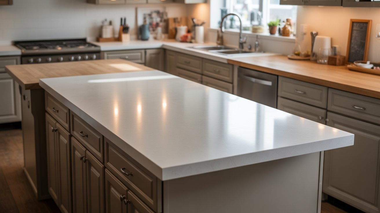 A kitchen featuring a white countertop alongside warm wooden countertops, creating a modern and inviting atmosphere.