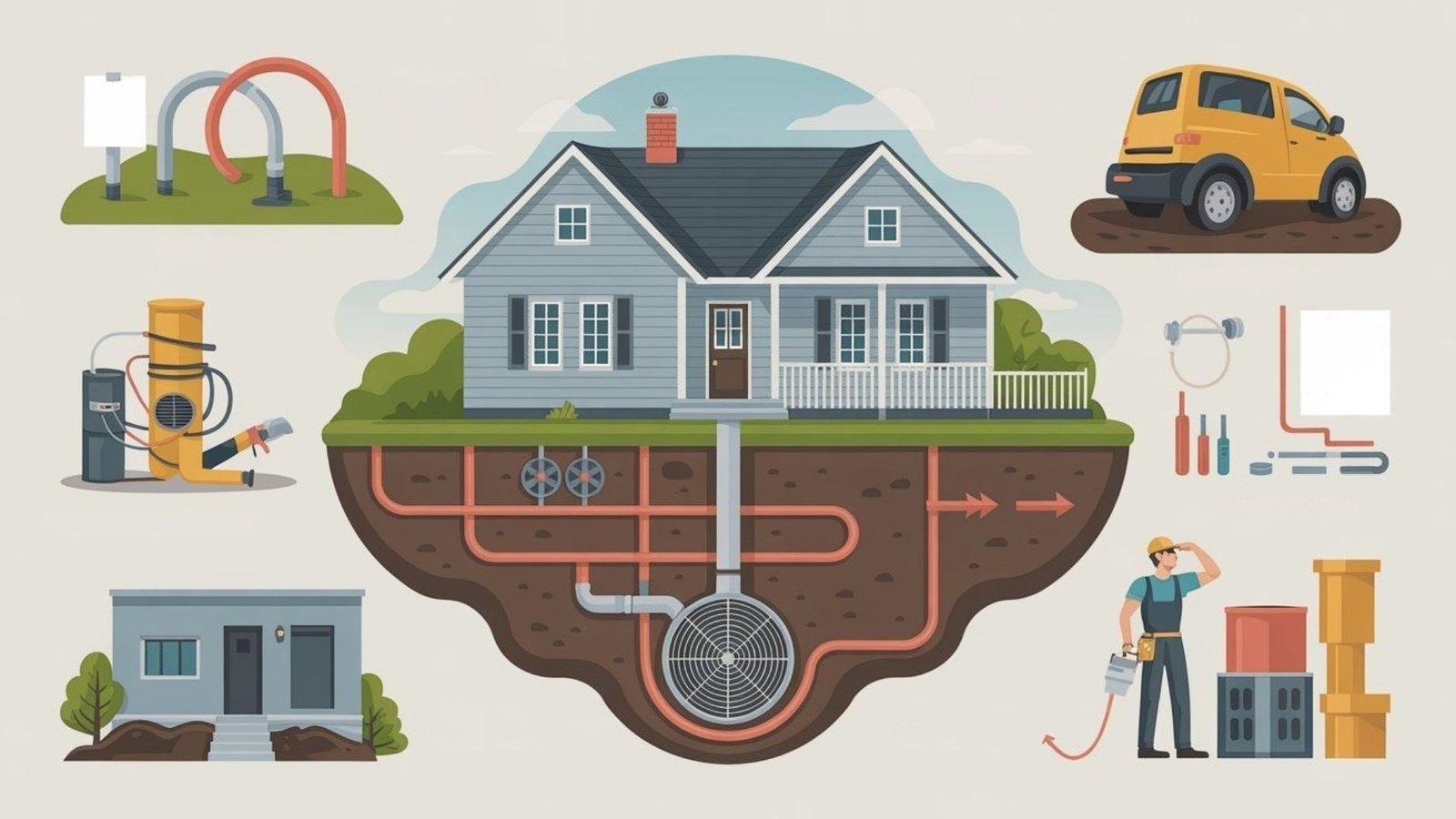 Various water pipes and plumbing items arranged around a house, showcasing home maintenance tools and materials.