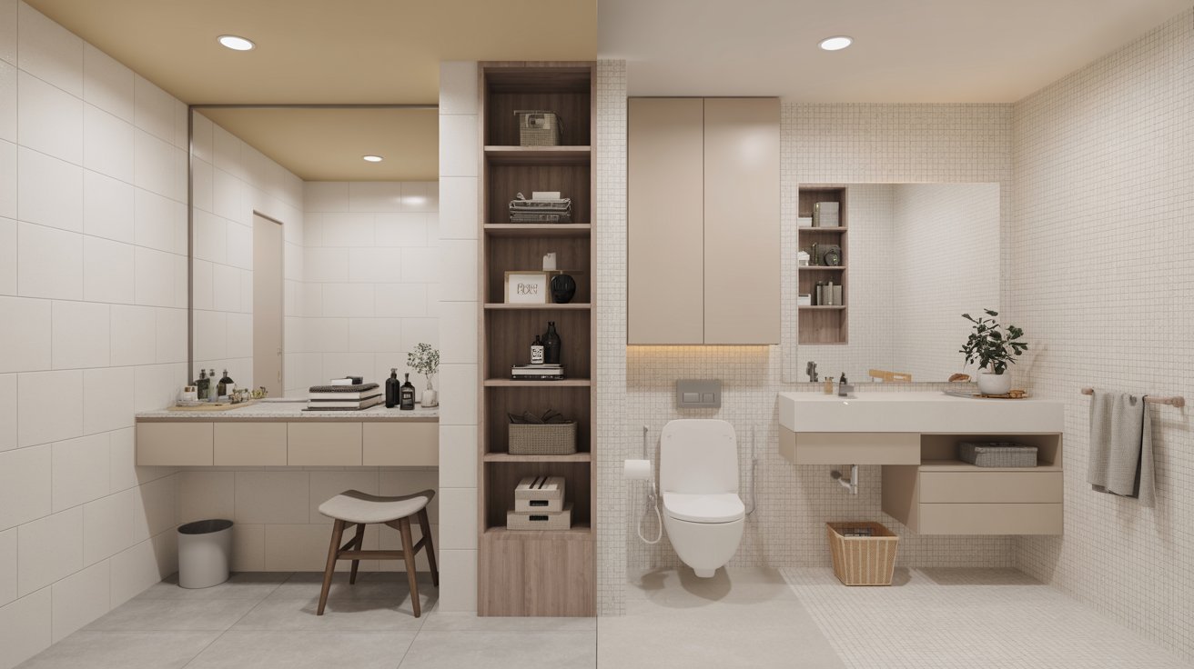 A modern bathroom featuring a toilet, sink, and shower with sleek fixtures and contemporary design elements.
