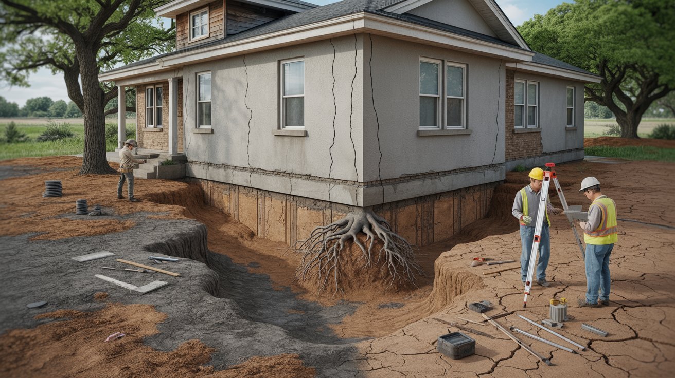 A man and woman stand in front of a house, with a large hole in the ground visible nearby.