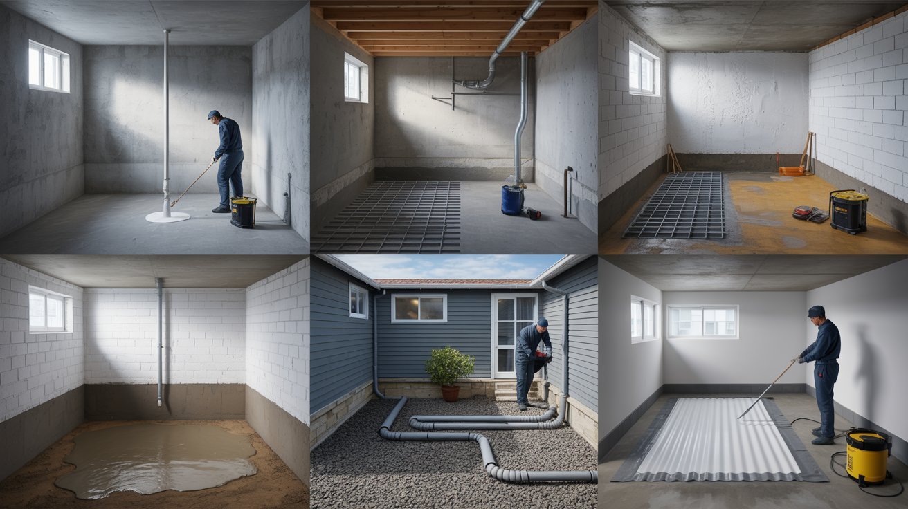 Four images of a man engaged in various tasks while working on a basement renovation project.