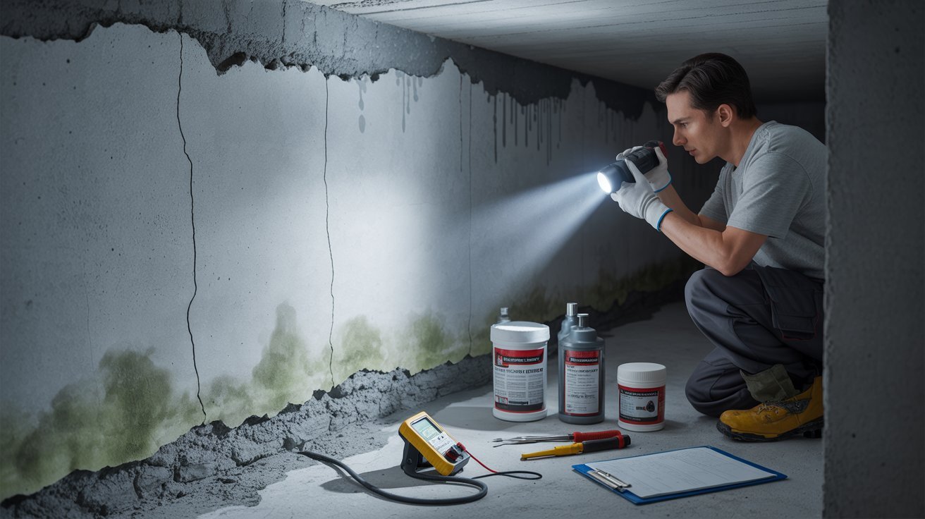 A man inspects a wall with a flashlight, examining its surface for details or potential issues.