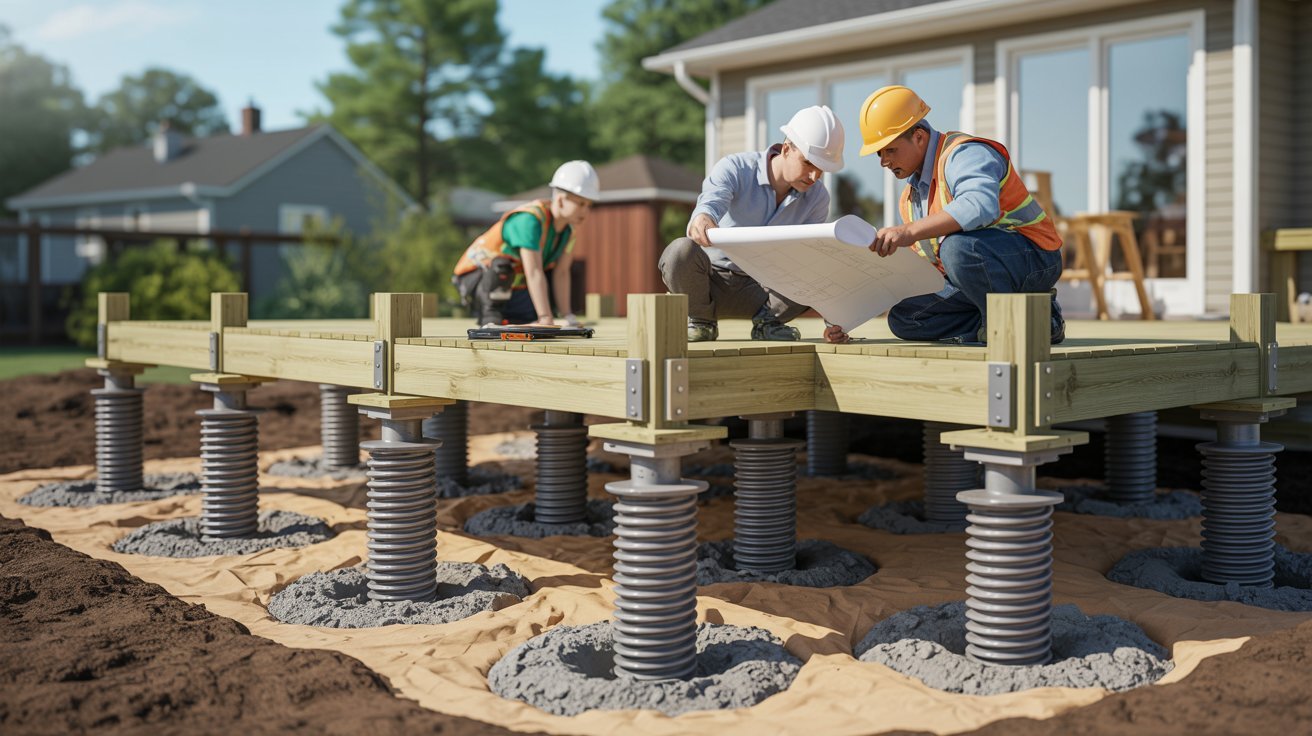 Two men constructing a wooden deck, focusing on installing wooden posts for support.