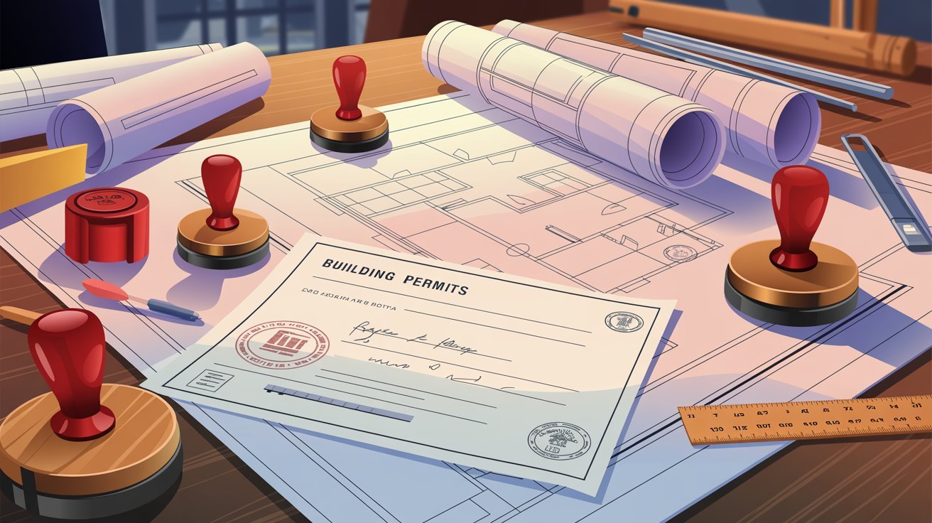 Illustration of a blueprint, a stamp, and paper arranged on a wooden table.