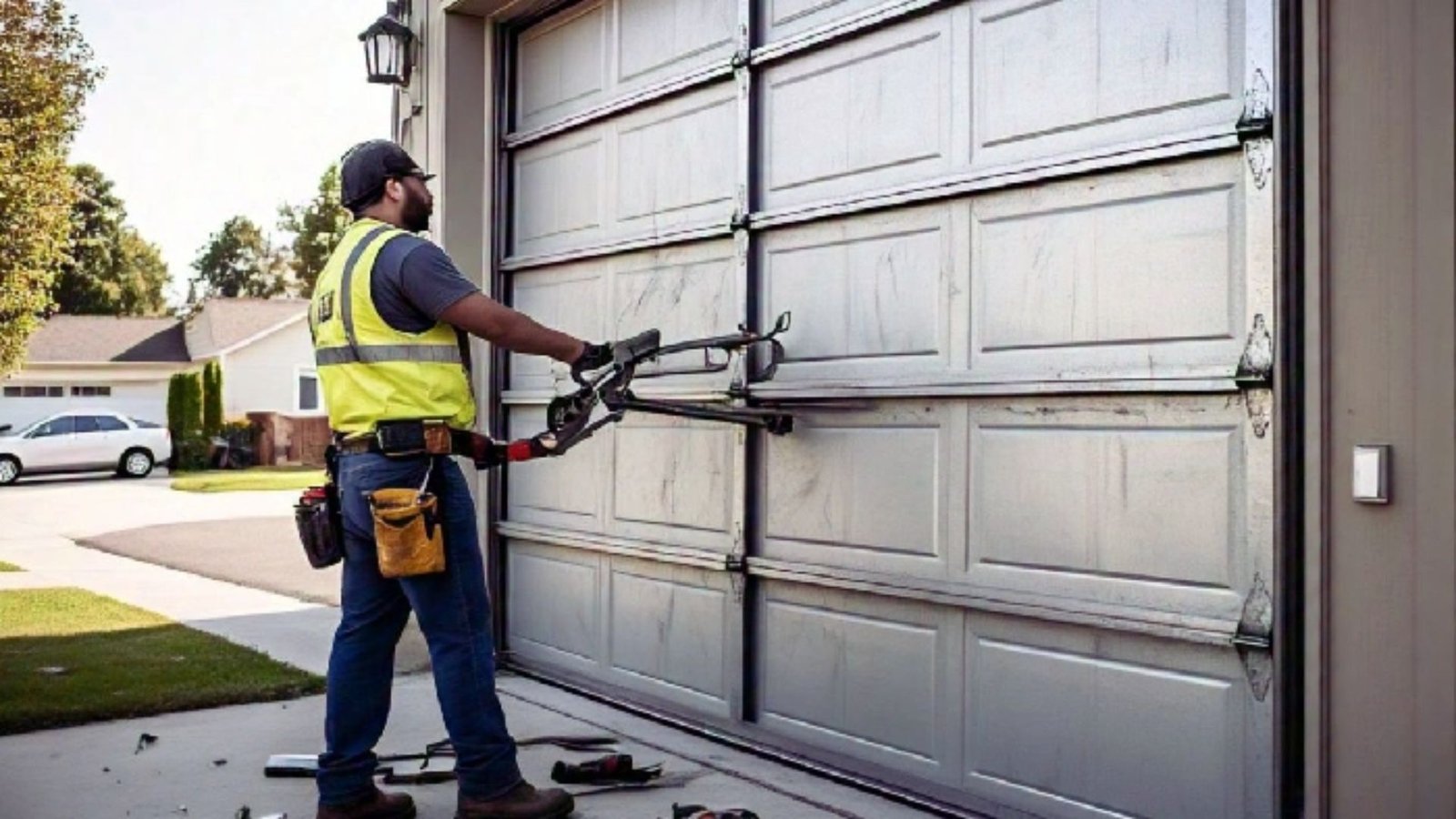 A technician repairing a garage door in Maryland, showcasing tools and parts used for the service.