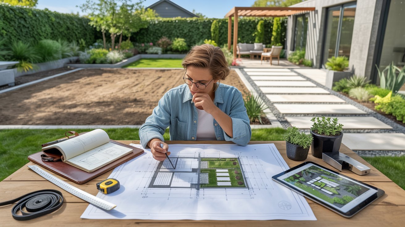 A woman is drafting a landscaping plan for her backyard, surrounded by gardening tools and plants.