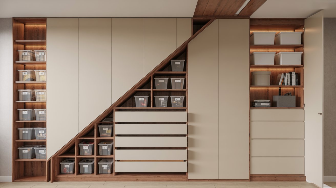 A sleek modern kitchen featuring a built-in shelf for storage and display.