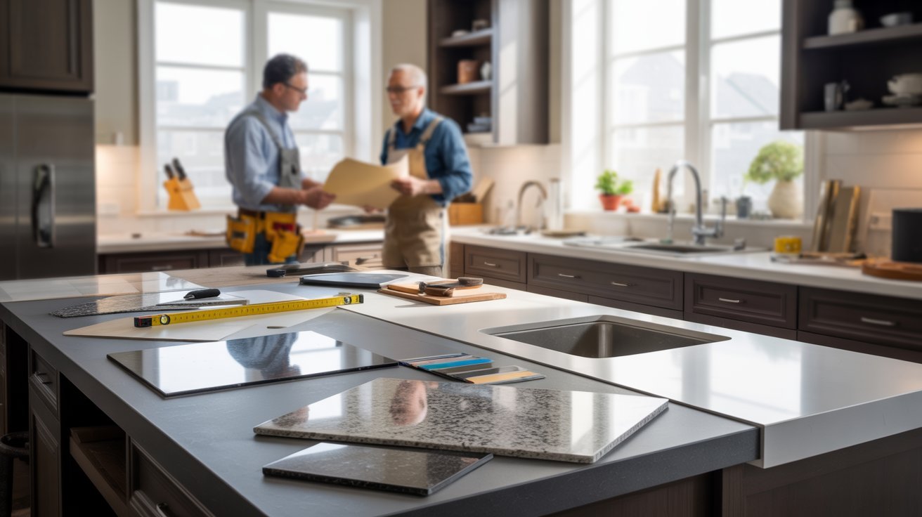 Two men collaborating in a kitchen, focused on tasks at a countertop filled with ingredients and cooking tools.