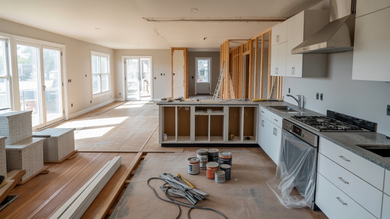 A kitchen remodel in progress featuring new wood floors and cabinets, showcasing a modern design aesthetic.