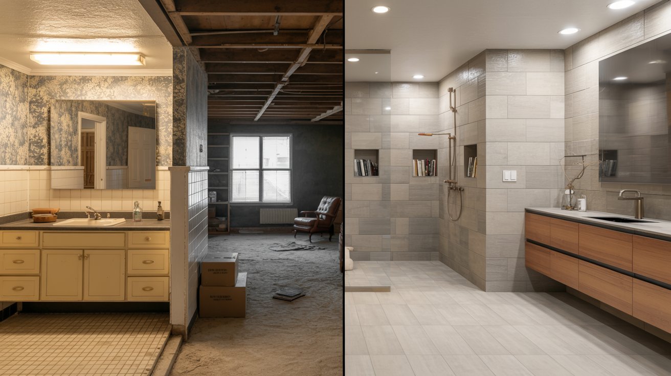 Side-by-side comparison of a bathroom before and after a remodel, showcasing updated fixtures and modern design elements.