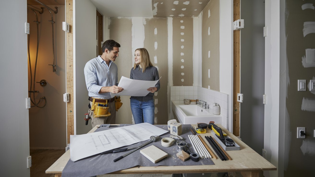 A man and woman stand in a bathroom surrounded by construction materials, discussing renovation plans.