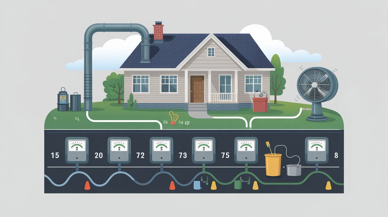Illustration of a house featuring a gas meter and a fan, highlighting home energy elements.