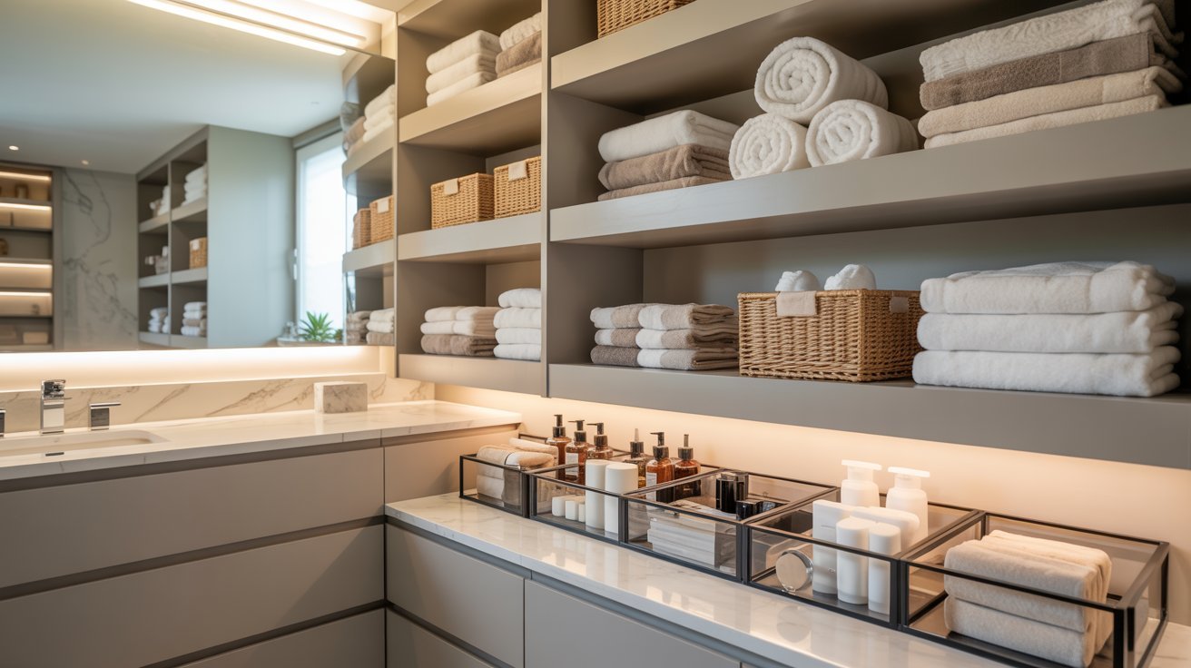 A bathroom featuring a sink, neatly arranged towels, and shelves filled with toiletries.