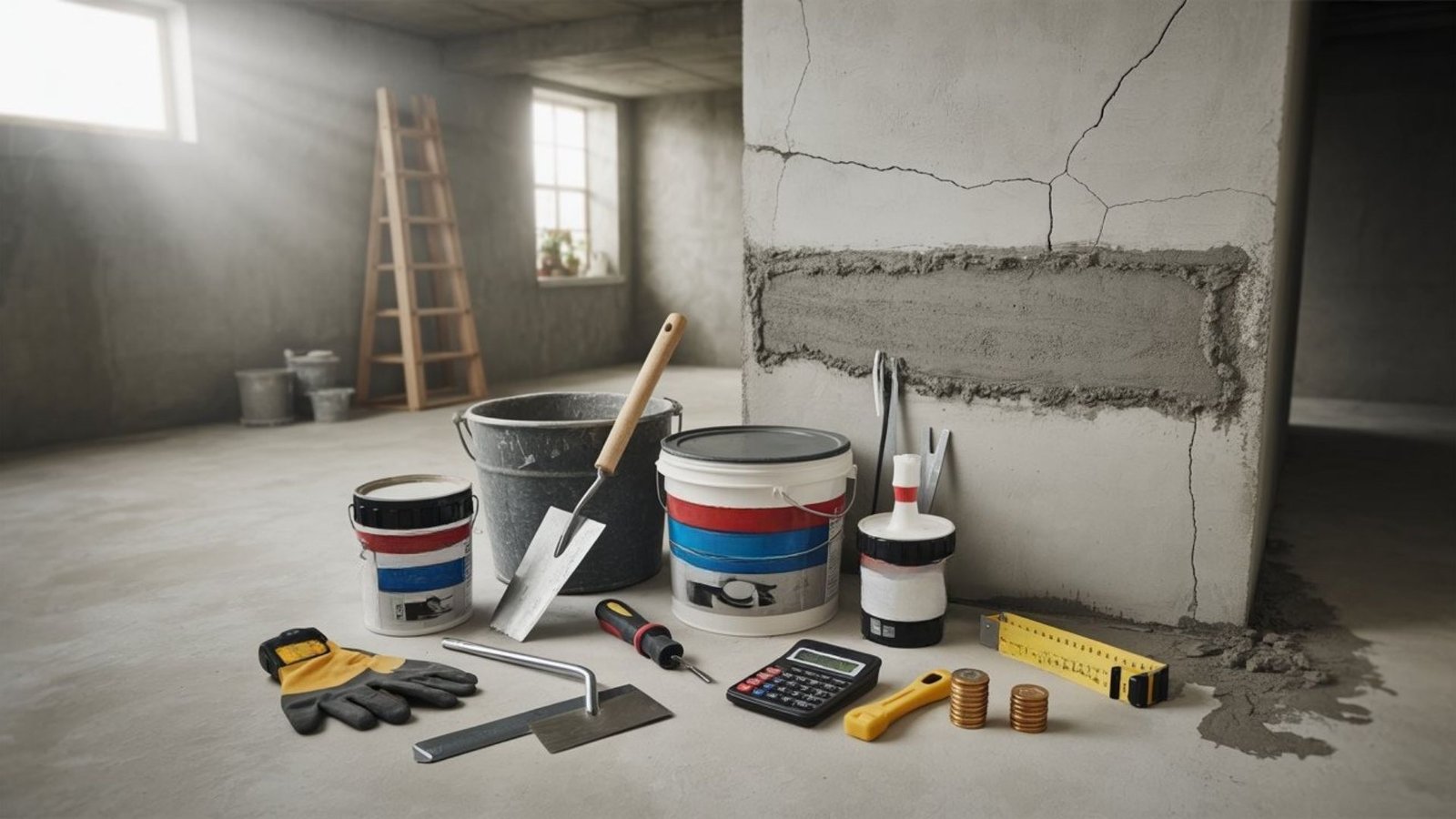 A collection of construction tools and materials arranged neatly in a room, showcasing various equipment and supplies.