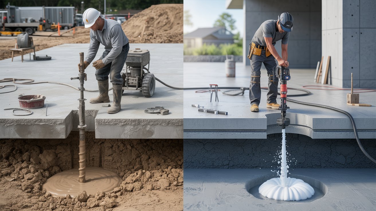 Two images of construction workers operating a concrete pump at a building site, focused on their tasks.