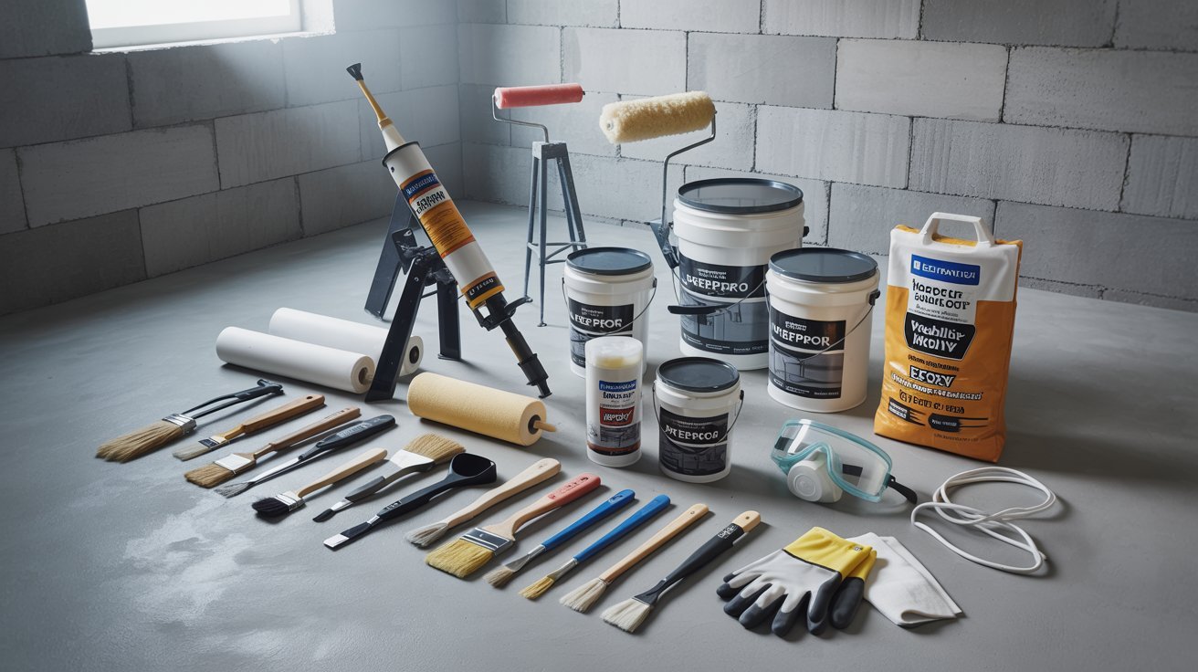 A variety of tools and supplies arranged neatly on a concrete floor, showcasing a workspace ready for use.