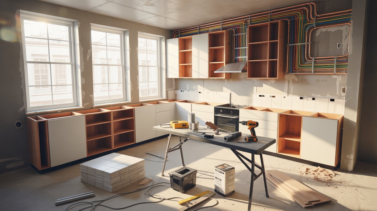 A kitchen featuring wooden cabinets and a spacious workbench for food preparation and cooking activities.