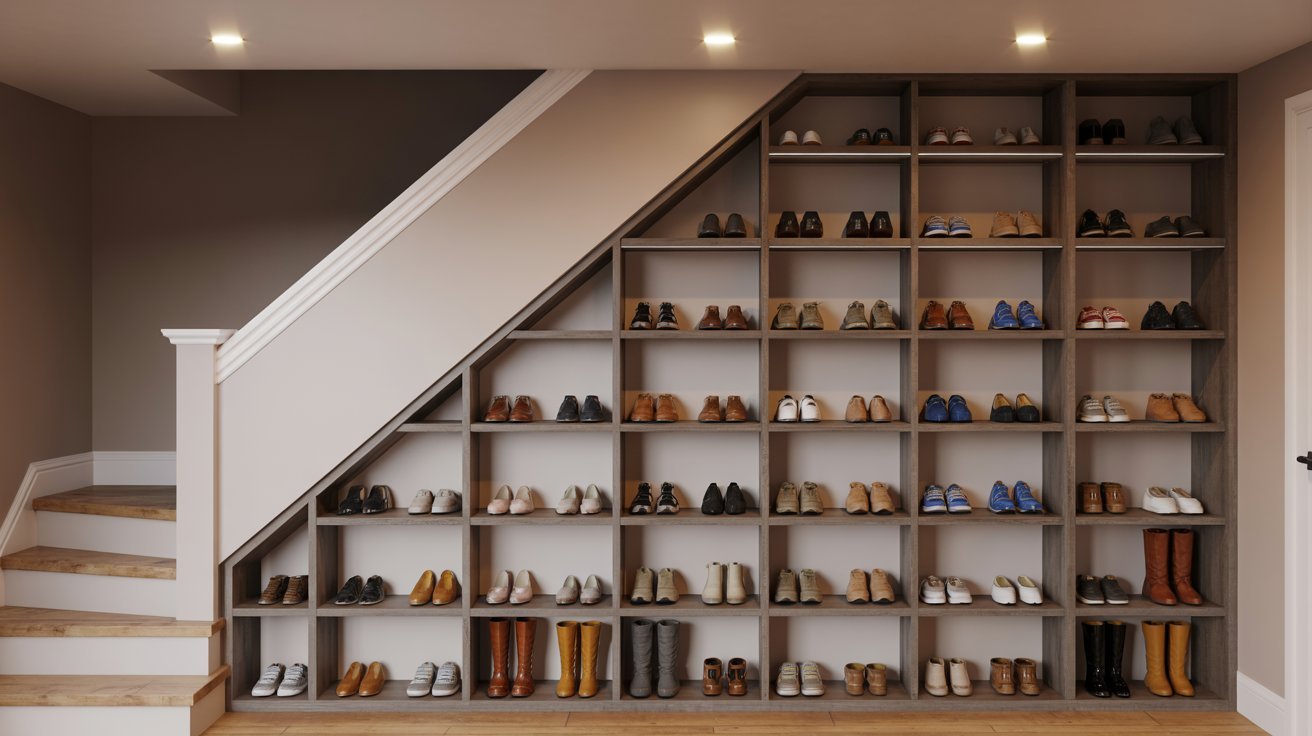 A shoe rack positioned in the corner of a room, displaying various pairs of shoes neatly organized.