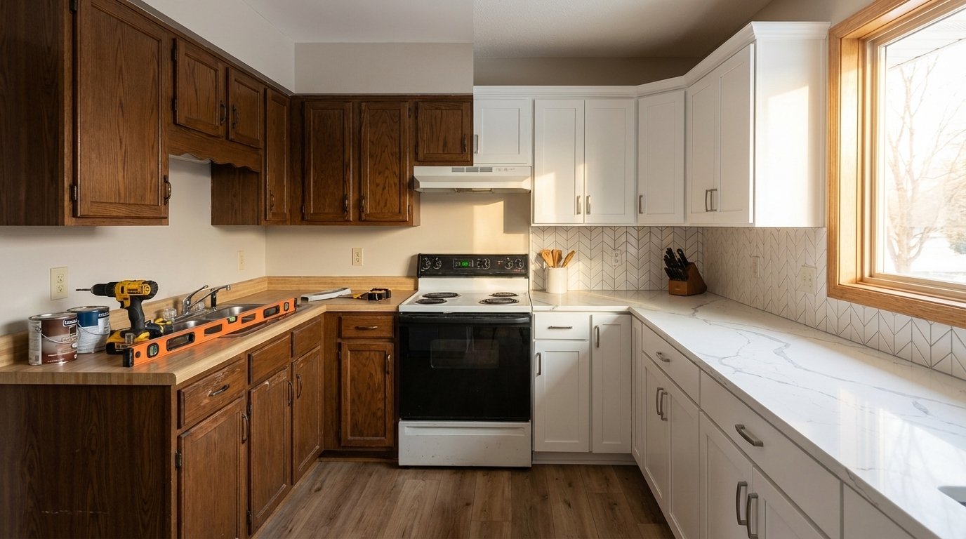 A modern kitchen featuring white cabinets and warm wood floors, creating a bright and inviting atmosphere.