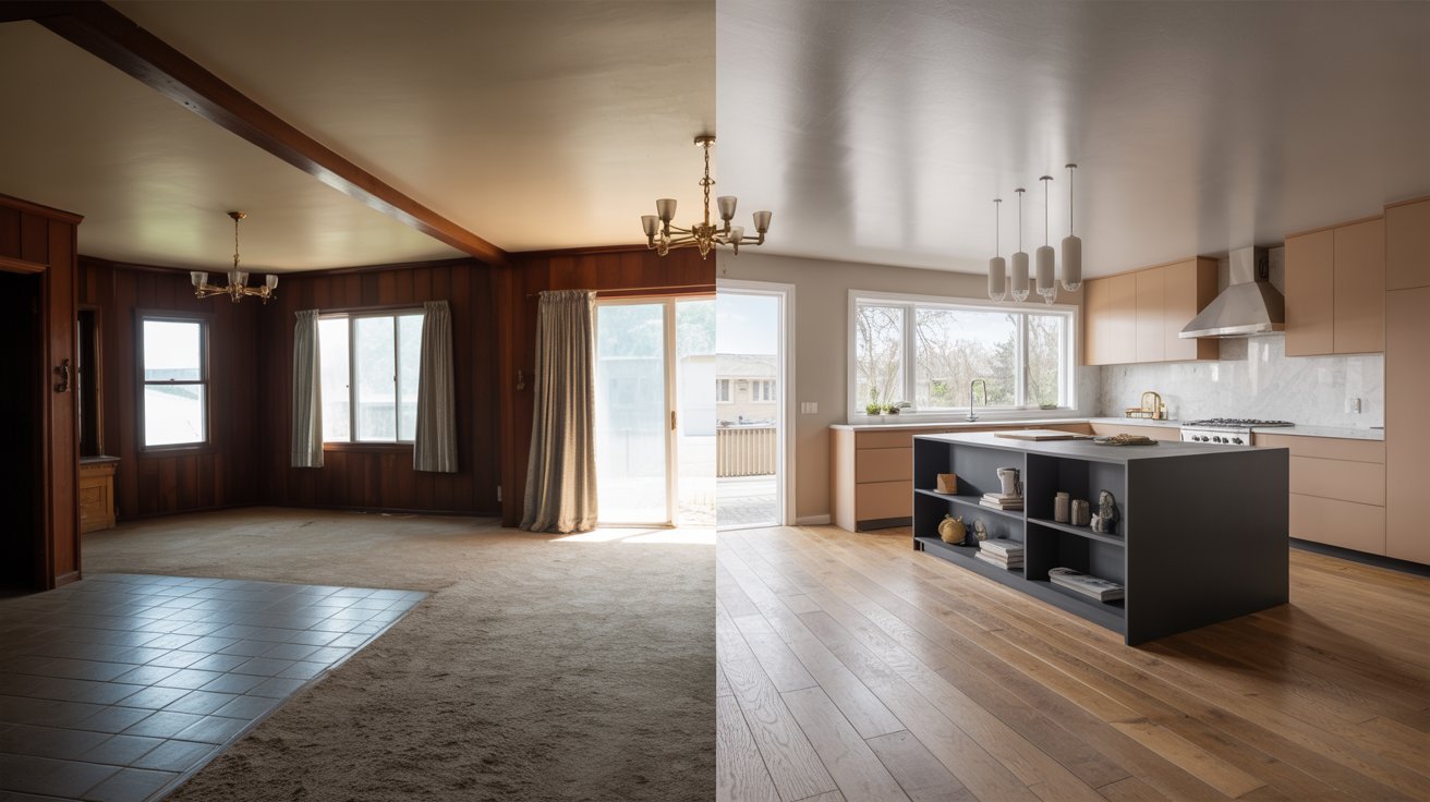 Before and after images showcasing a renovated kitchen and living room transformation.