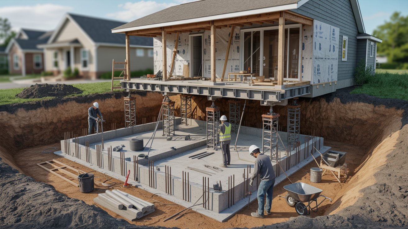 A house under construction with several construction workers actively building and managing the site.