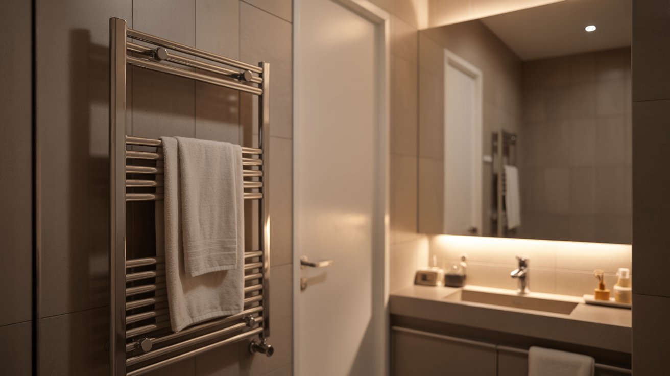 A bathroom featuring a towel rack beside a sink, with neutral-colored walls and simple decor.