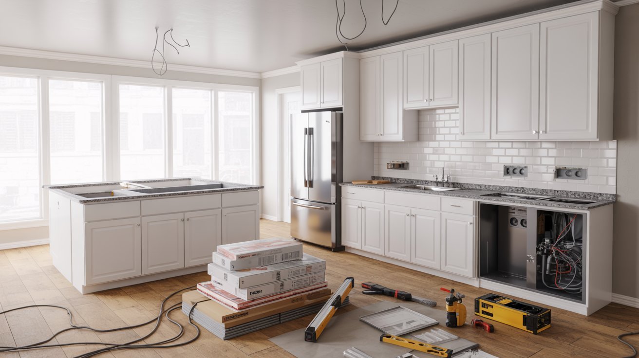 A kitchen filled with various construction equipment, including tools and materials, indicating ongoing renovation work.