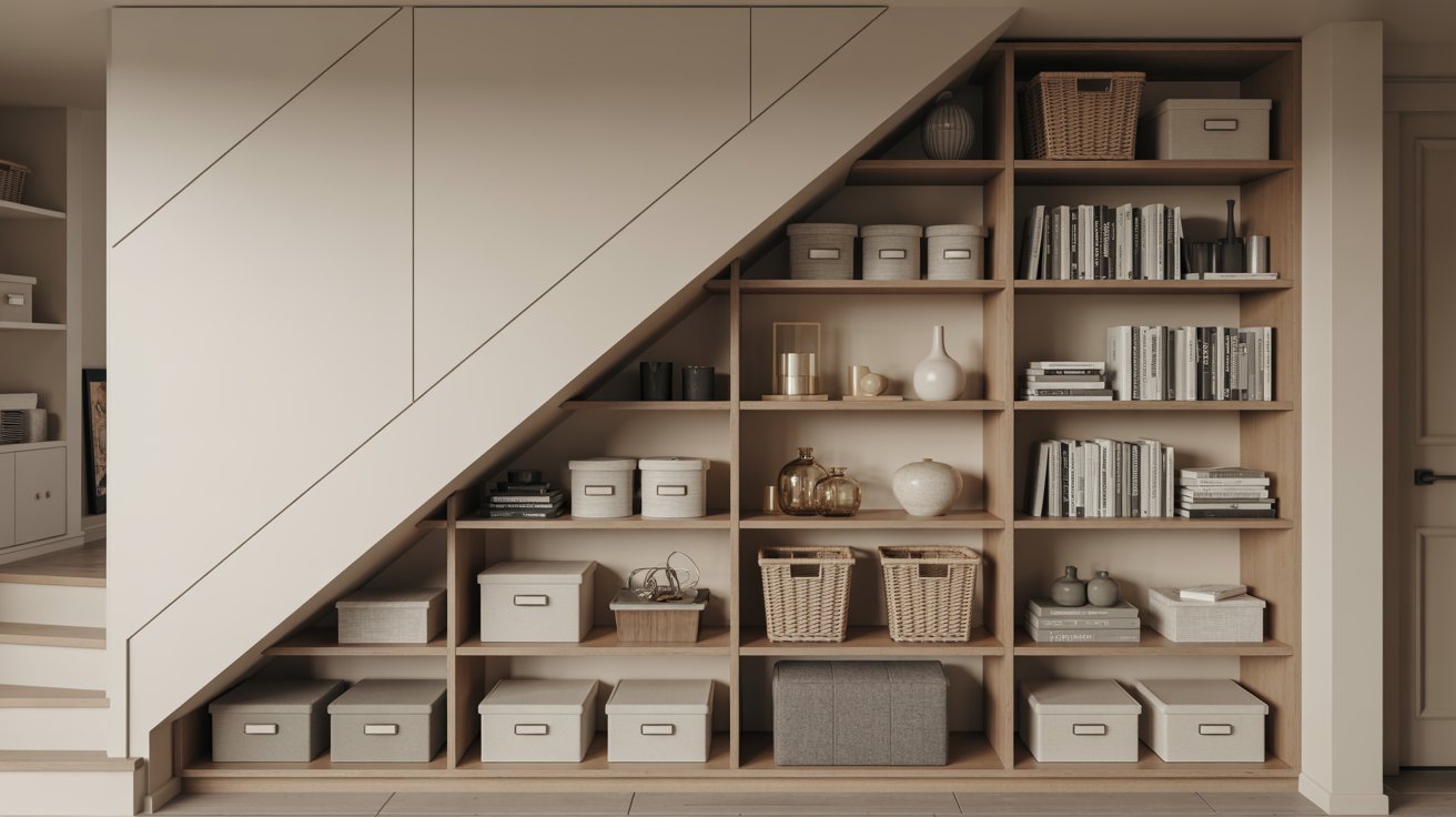 A cozy room featuring shelves filled with books and a large bookcase against the wall.