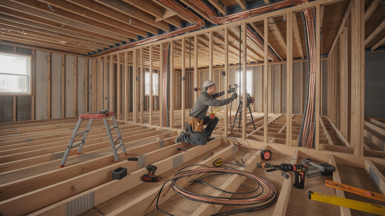 A man framing a wall in a home, focused on his work with tools and wooden beams around him.