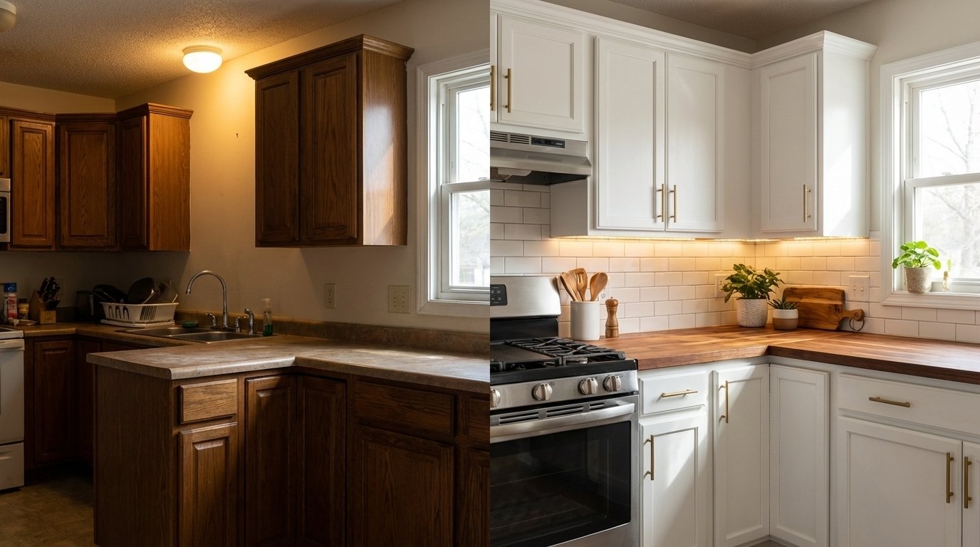 Before and after images showcasing a kitchen remodel, highlighting significant design and aesthetic improvements.