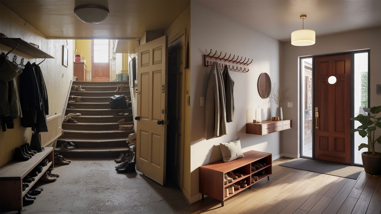 A hallway featuring a coat rack on one side and a closed door at the end, creating a welcoming entrance space.