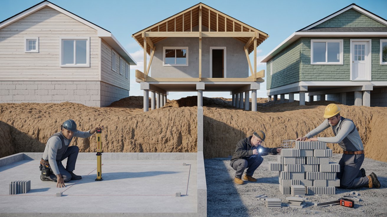 Construction workers collaborating to build a house, using tools and materials on a construction site.