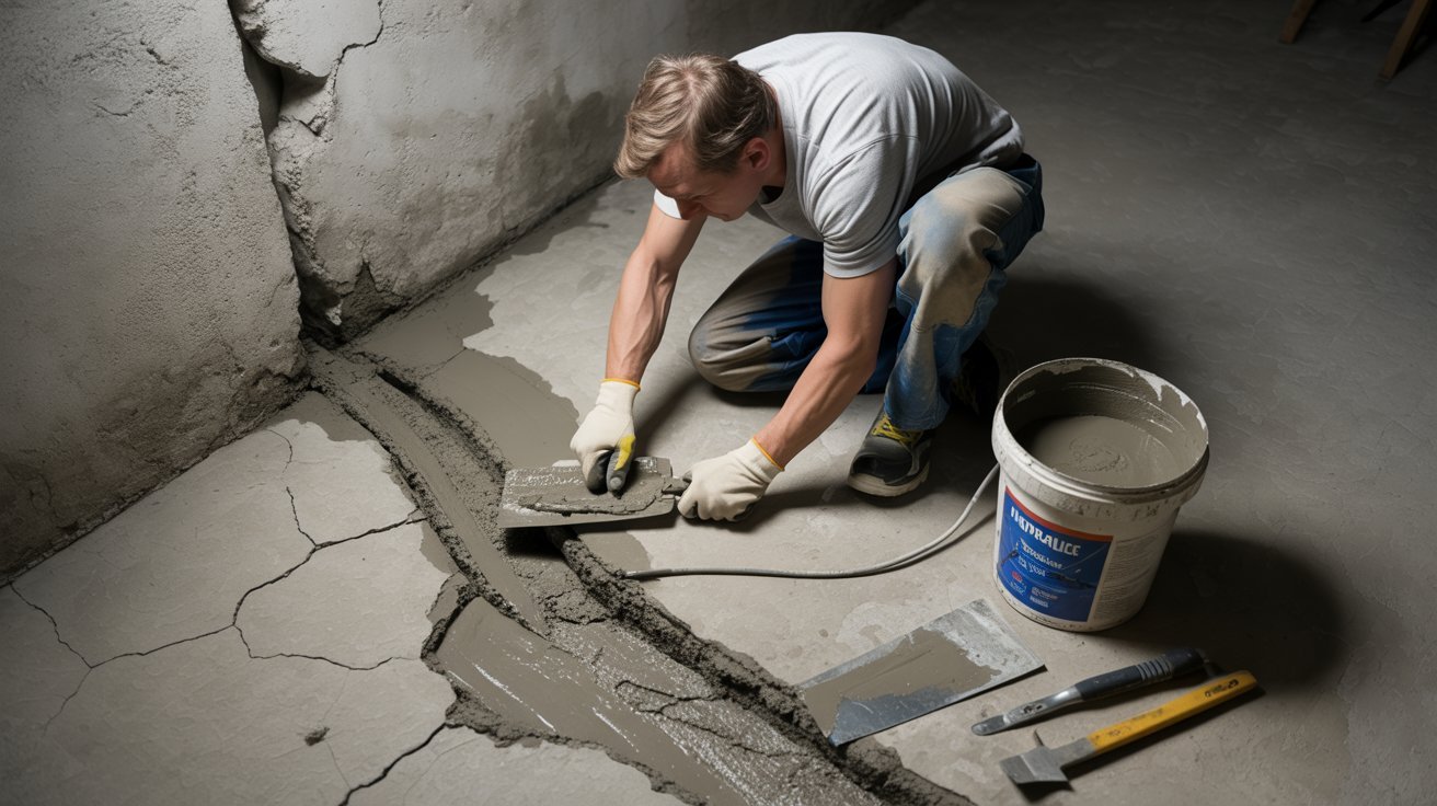 A man brushes cement to clean it, focusing on removing dirt and debris from the surface.