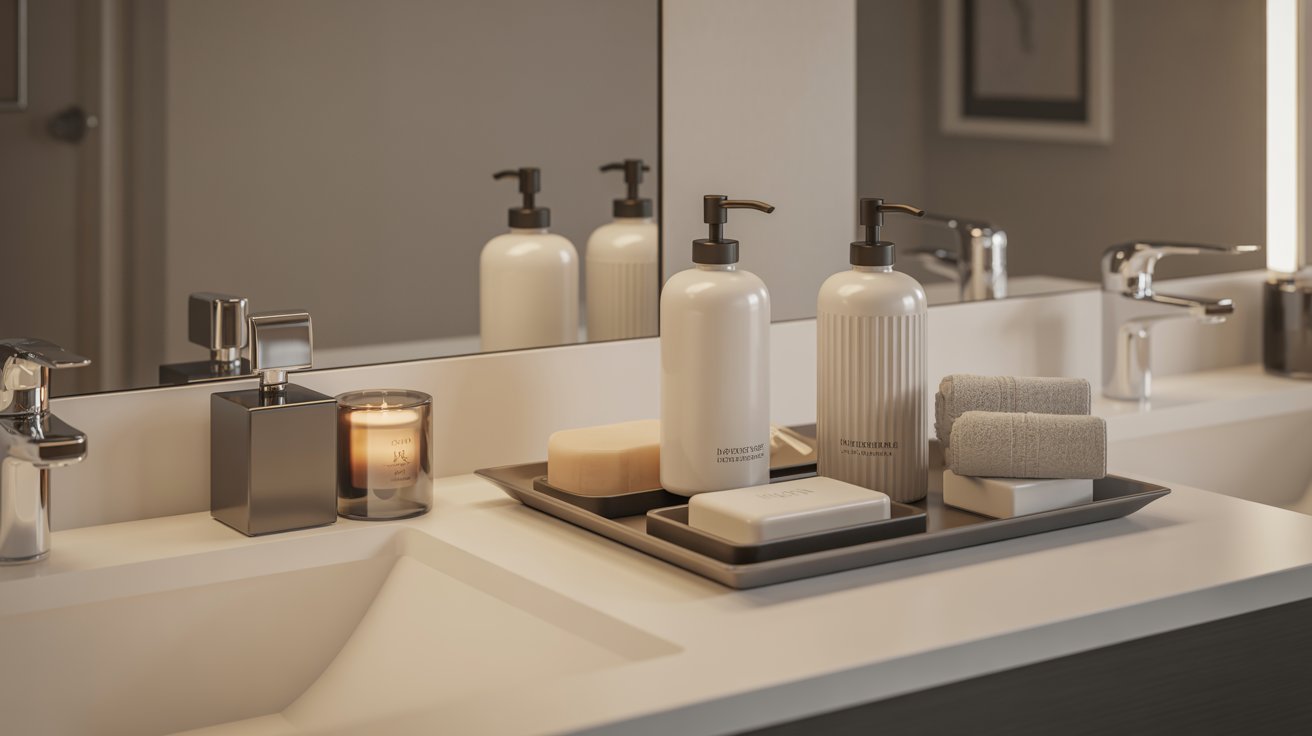 A bathroom featuring a sink, a soap dispenser, and a mirror above the sink.