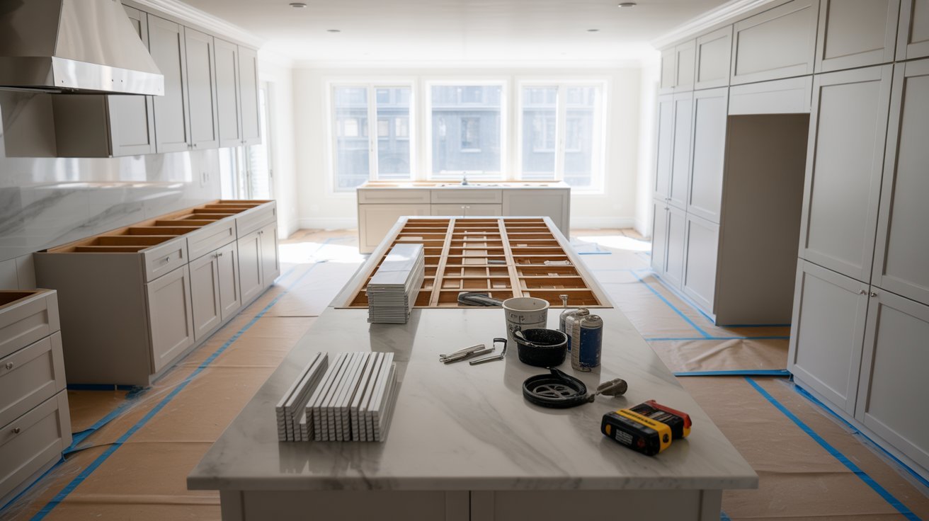 A spacious kitchen featuring a large island and modern cabinets, designed for functionality and style.