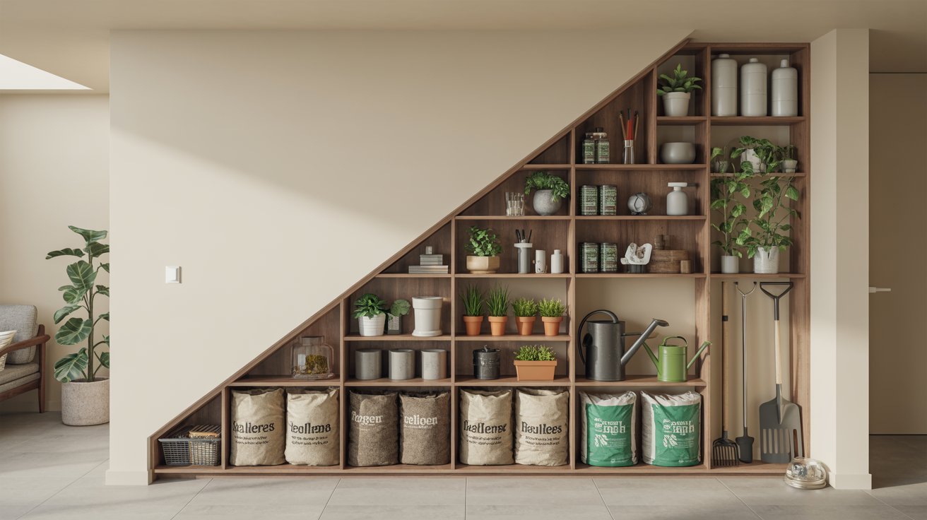 A wooden shelf displaying various potted plants in colorful pots, creating a vibrant indoor garden atmosphere.