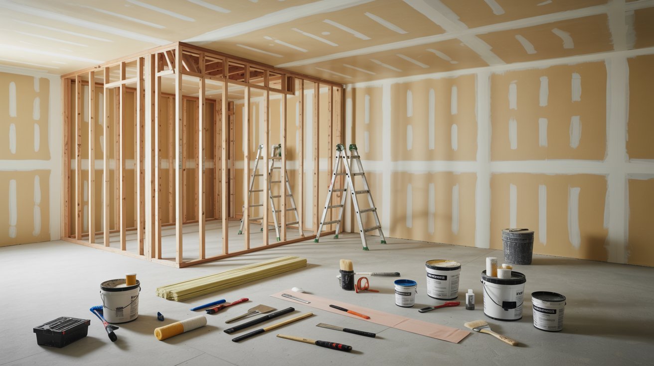 A room filled with various construction materials and tools, including wood, nails, and power tools scattered around.
