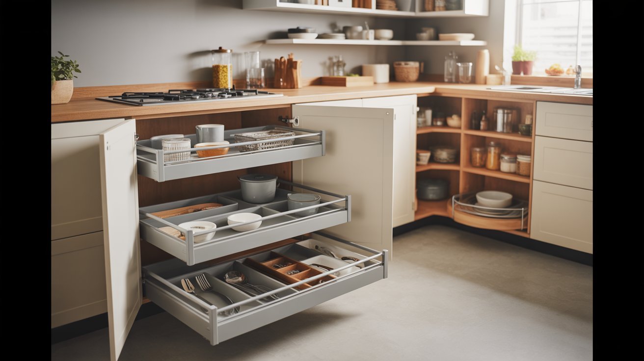 A modern kitchen featuring a pull-out drawer beside a stainless steel sink.