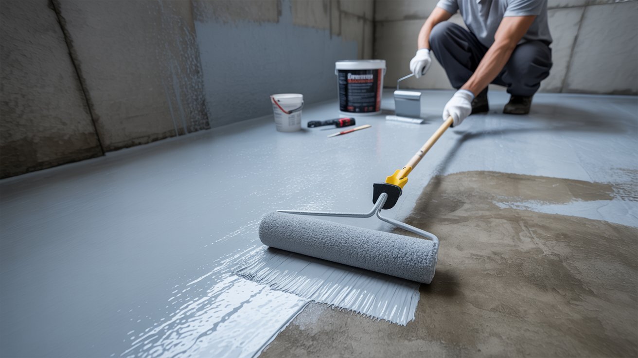 A man using a roller to paint a concrete floor in a spacious indoor area.